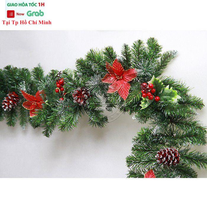 Dây Lá Thông 3 Loại Lá Trang Trí Khung Cửa , Tường Nhà Mùa Giáng Sinh 2m1 Có Hoa Đỏ Trái Cherry Đỏ Trái Thông G10-3LLDC
