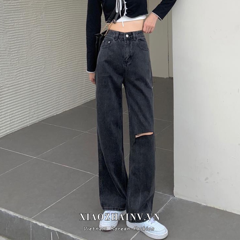 Xiaozhainv Quần Denim Nữ Lưng Cao Rách Gối Cá Tính Phong Cách Hàn Quốc