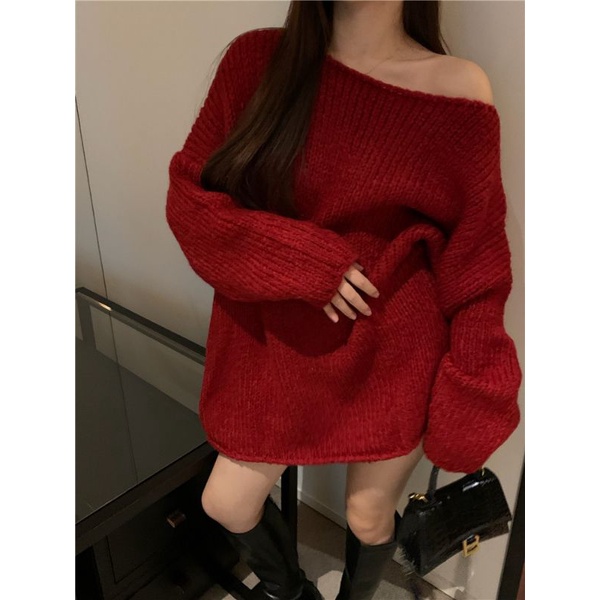 Áo len trễ vai lệch vai dài tay oversize form rộng dài trùm mông
