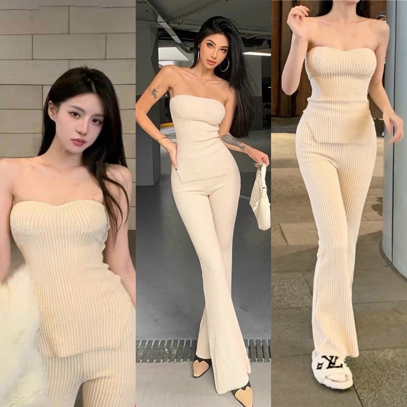 Set thun gân trắng cao cấp áo ống cúp ngực + quần loe suông dài,đồ hot girl đi chơi sang trọng quyến rũ gợi cảm tôn dáng