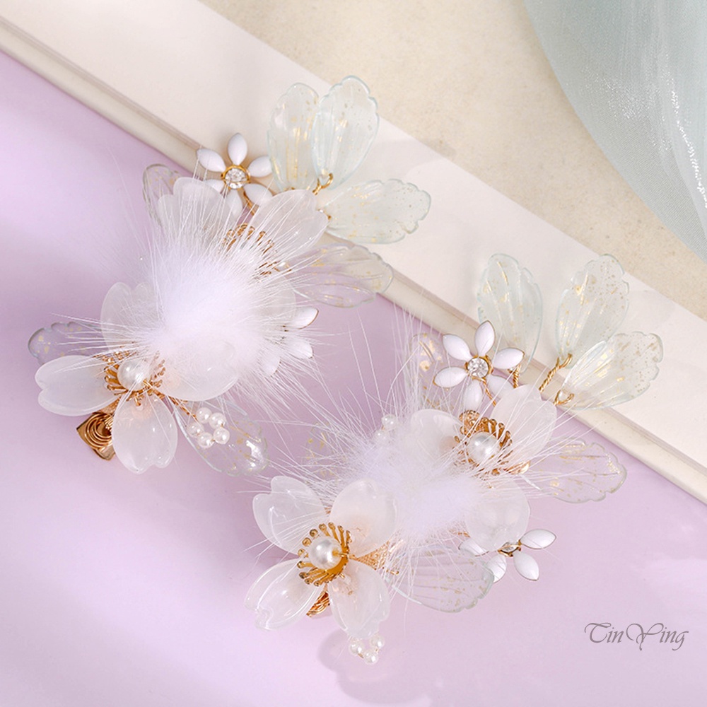 GETNOIVAS 1 Cặp Kẹp Tóc Hình Hoa Phối Bóng Lông Phong Cách Trung Hoa Độc Đáo Thời Trang