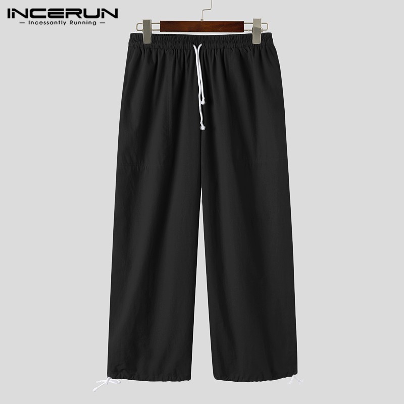 Quần Dài INCERUN Ống Rộng Lưng Thun Màu Trơn Dây Rút Cá Tính Cho Nam