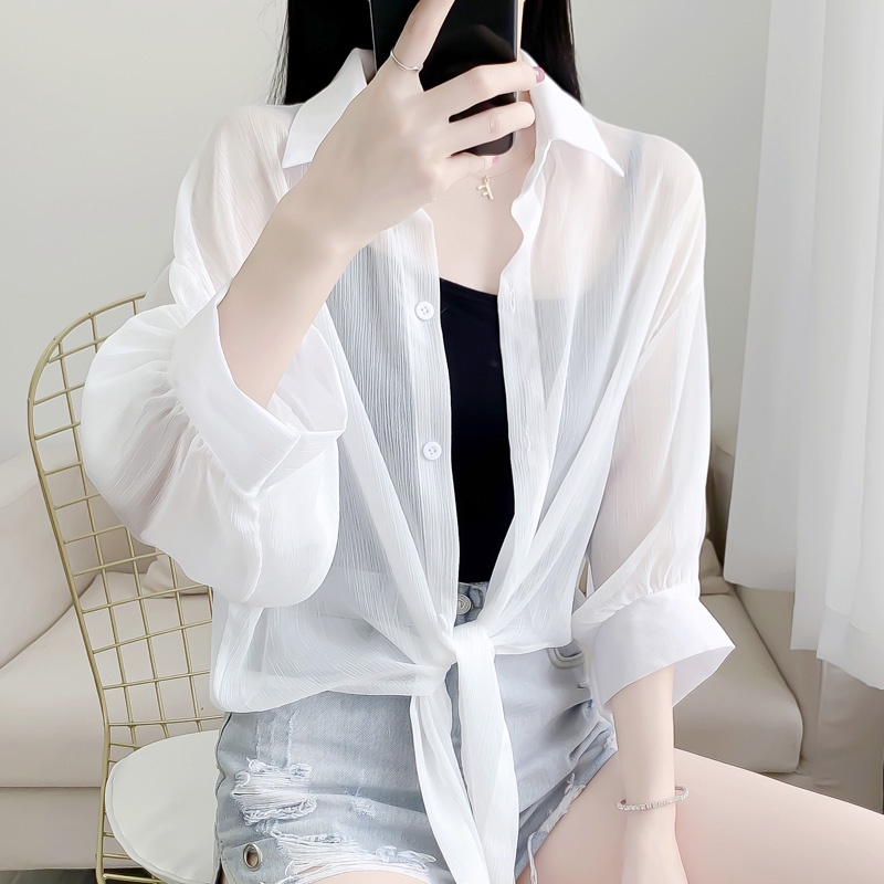 Áo Sơ Mi Voan Mỏng Dáng Rộng Cột Dây Thời Trang Mùa Hè Cho Nữ