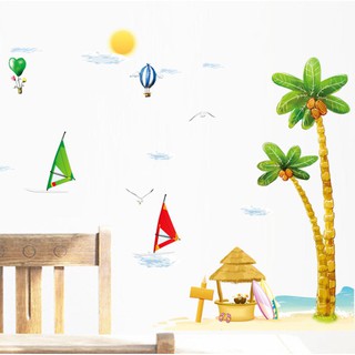 decal dán tường cây dừa và biển cả