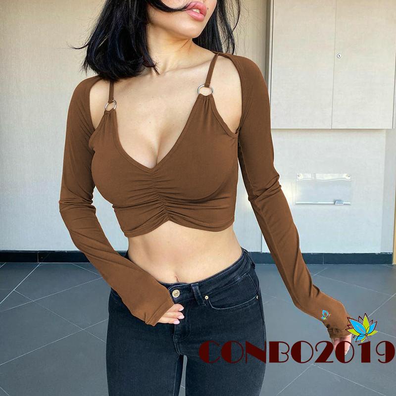 Áo Croptop Tay Dài Cổ Chữ V Màu Trơn Thời Trang Mùa Hè Cho Nữ