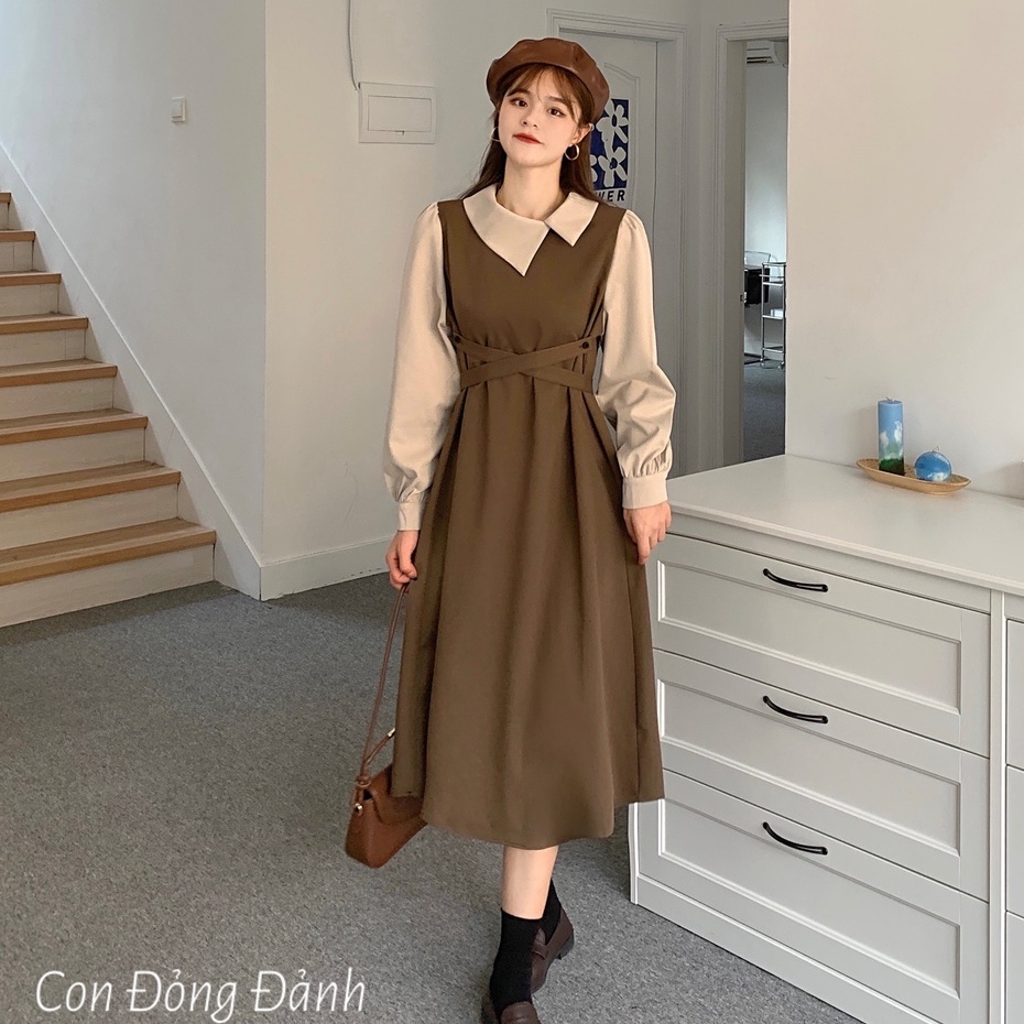 Váy vitage sơ mi dài tay mùa thu phối 2 màu tiểu thư kiểu Pháp con đỏng đảnh VD017 ảnh thật