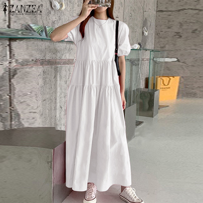 ZANZEA Women Leisure Loose Puff Sleeve Pleated Solid Color Party Maxi Dresses