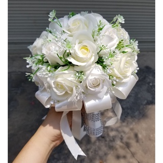 BÓ HOA CƯỚI CẦM TAY CÔ DÂU BẰNG HOA HỒNG SÁP TRẮNG KEM