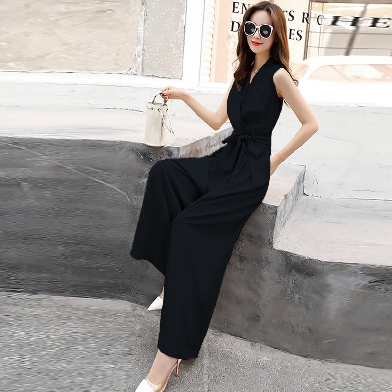 Áo liền quần ống rộng jumpsuit nữ cổ chữ V phong cách Hàn Quốc thời trang mùa hè 2021