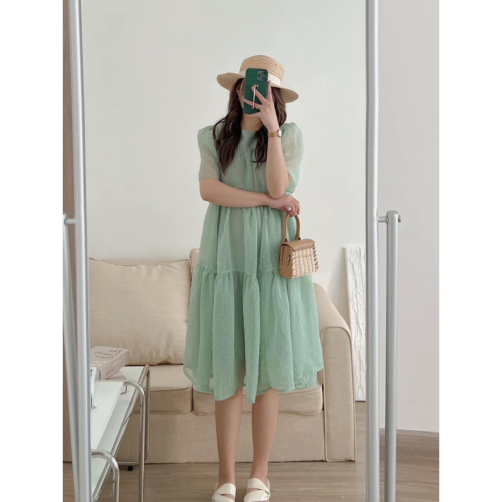 Váy đầm babydoll voan tơ chấm bi 2 lớp tay ngắn phong cách tiểu thư xinh xắn