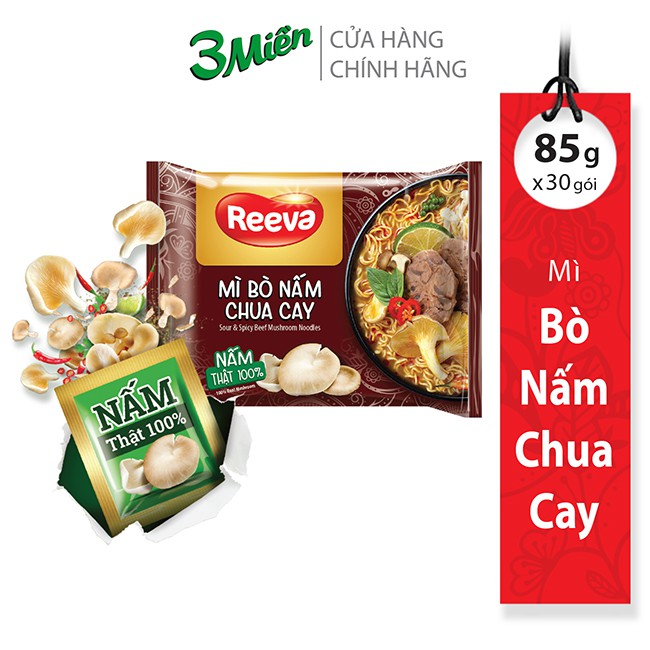 Thùng Mì Gói Reeva Bò Nấm Chua Cay 85g x 30 gói [Tặng kèm thêm 06 Mì Ly 3 Miền Gold Tôm Chua Cay Đặc Biệt]