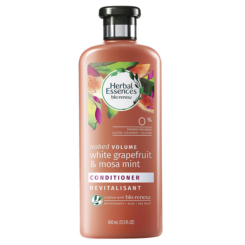 Dầu xả thiên nhiên dưỡng ẩm tóc Herbal Essences Biorenew White Grapefruit &amp; Mosa Mint Naked 400ml (Mỹ)