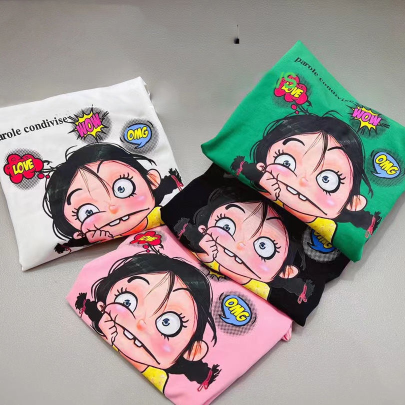 Áo Thun Cotton Tay Ngắn Dáng Rộng In Họa Tiết Hoạt Hình Phong Cách Hàn Quốc Thời Trang Xuân Hè Cho Nữ