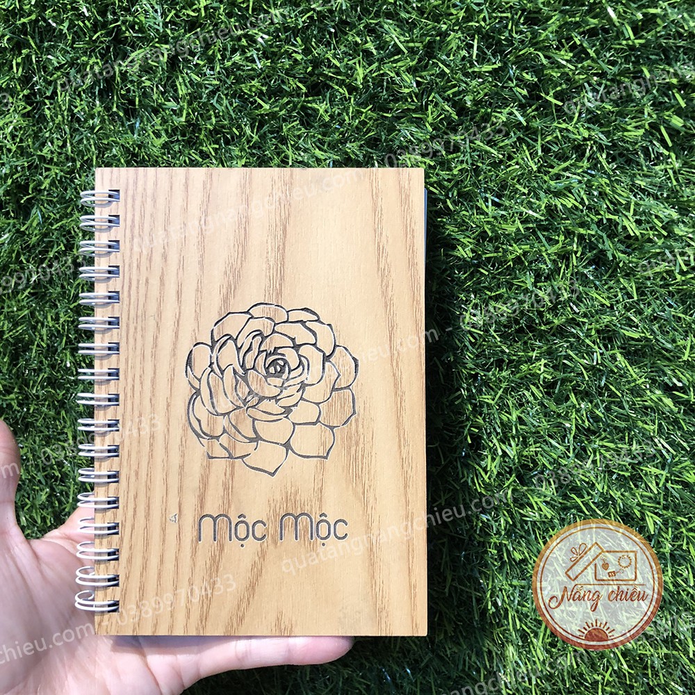 SỔ TAY BÌA GỖ HANDMADE - Sổ tay khắc hình sen đá làm quà tặng - Và khắc các hình ảnh khác theo yêu cầu