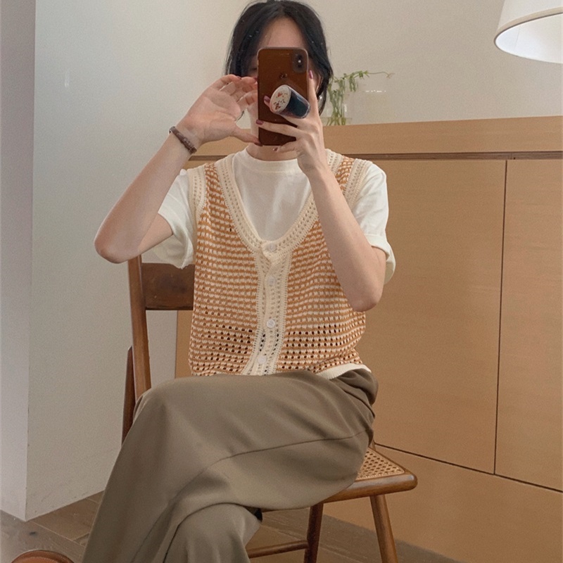 Áo dệt kim SUXI sát nách cổ chữ V màu tương phản phong cách Hàn Quốc thời trang hè cho nữ