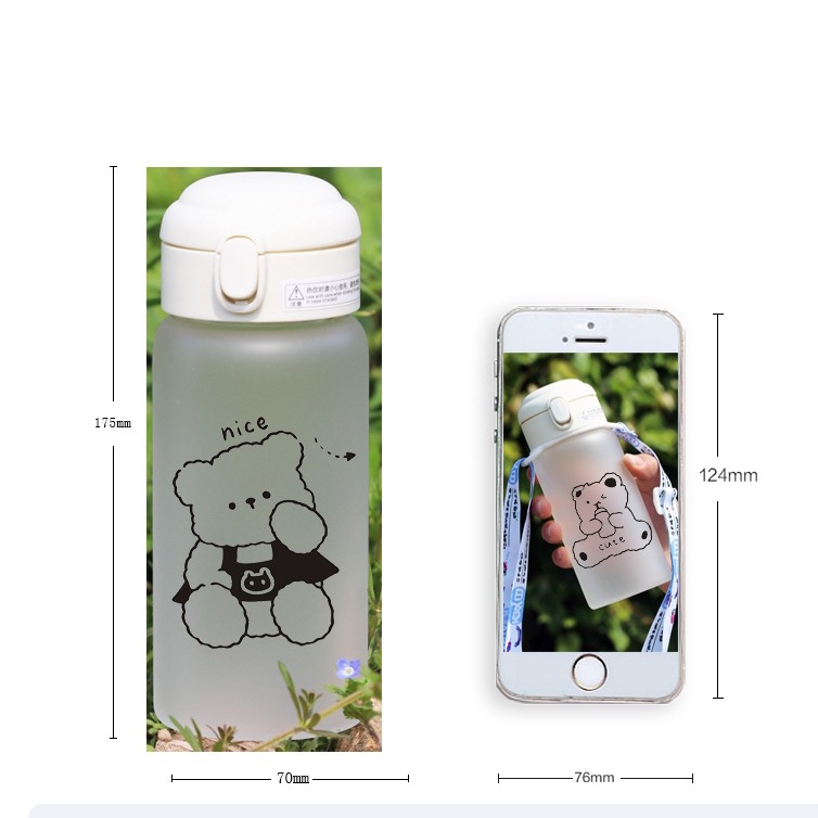 Bình Đựng Nước Bằng Thủy 450ml Tinh Mặt Nhám Chịu Nhiệt Có Ống Hút In Hình Cute Dễ Thương Cho Học Sinh