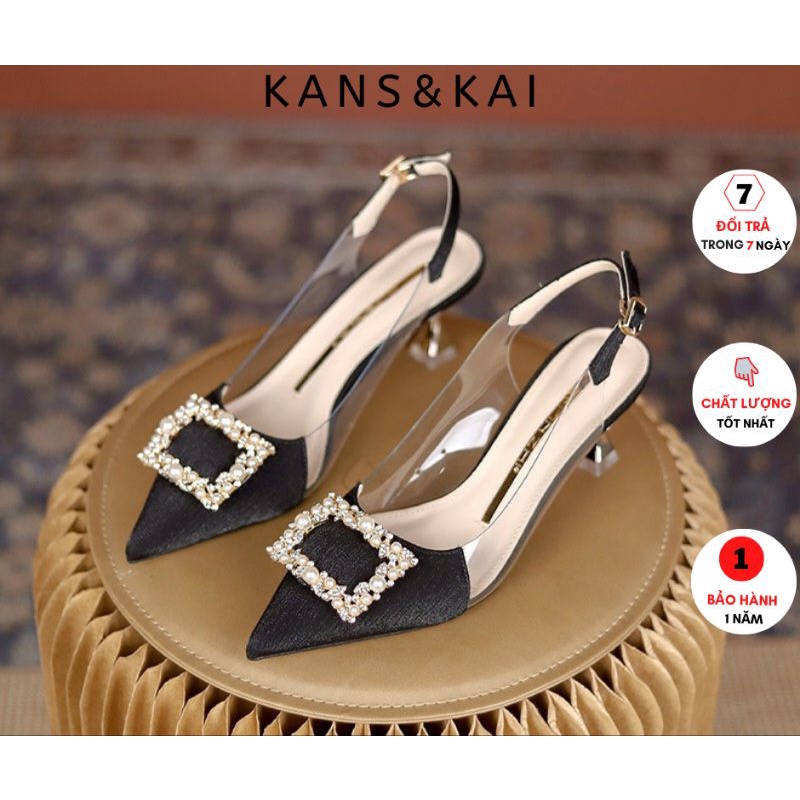 Giày cao gót mũi nhọn KANS & KAI, giày bít mũi hở gót đế nhọn 3cm phối quai trong đính kim cương siêu thời trang
