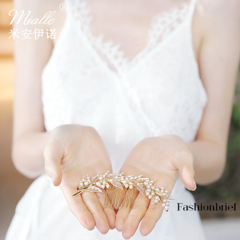 ❤BRIEF High Quality Simple Wedding Bridal Pearl Leaves Shiny Rhinestone Hair Comb Fashion Bridesmaid