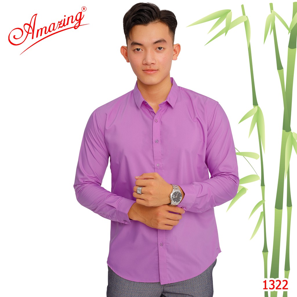 Áo kiểu công sở phong cách Hàn, sơ mi nam màu tím Violet, vải Bamboo mềm mướt, chuẩn basic, hiệu  Amazing