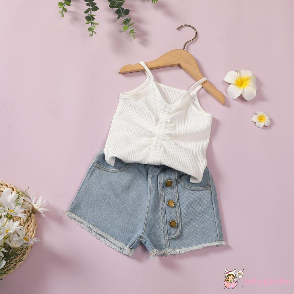 Bộ Áo Dây Cổ Chữ V + Quần Short Denim Cho Bé Gái 18 Tháng - 6 Tuổi