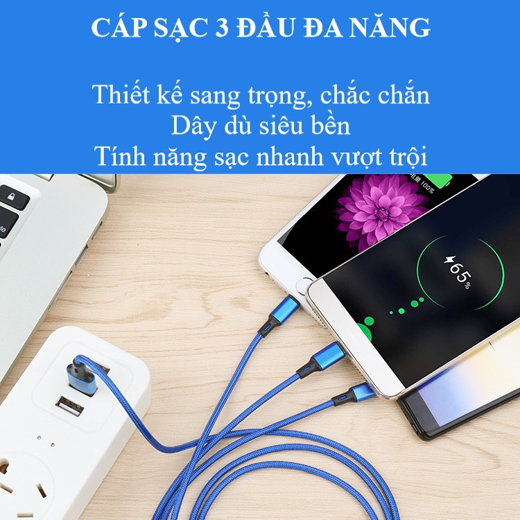 Dây Cáp sạc điện thoại 3 đầu Lightning, Micro USB, Type-C chịu dòng 2,8A siêu tiện dụng