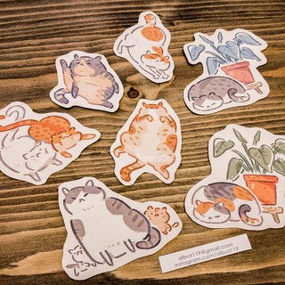 Bộ 7 miếng dán sticker về chú mèo lười [HÀNG THIẾT KẾ] | Decal nhãn dán trang trí mèo | Zip A1