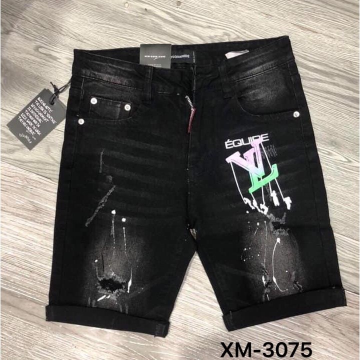 Quần short jean nam đen rách thêu LV chất bò co dãn nhẹ form chuẩn cao cấp
