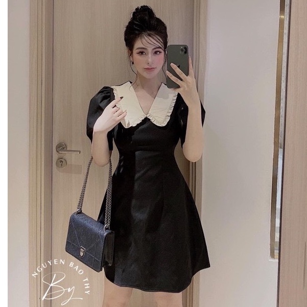 Đầm sơ mi tay ngắn chữ A phối cổ viền dáng xòe màu sắc ( Đen ,Da ,Nâu ) Xinh Sắn dạo phố đi tiệc điệu đà nữ tính thời t