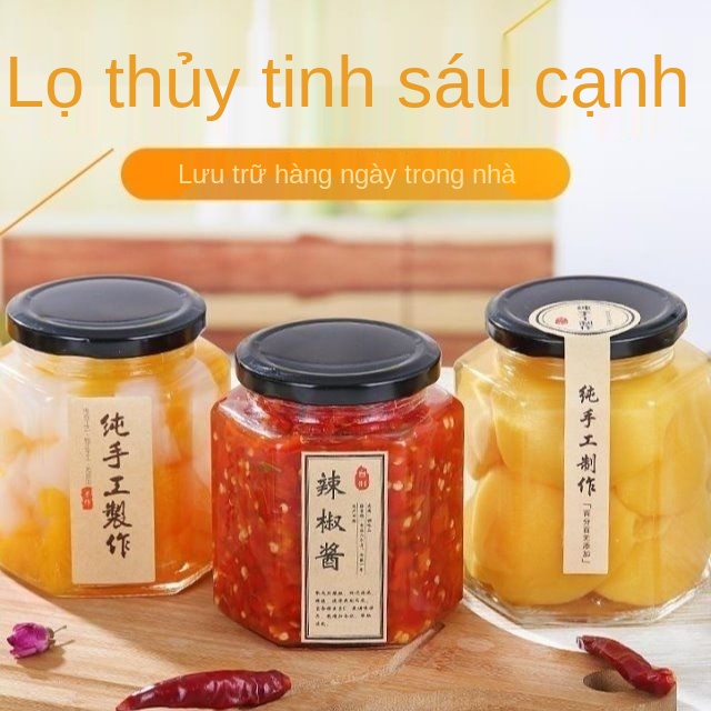 Chai thủy tinh lục giác kín lọ trong suốt bảo quản lọ mật ong lọ mứt bán buôn lọ tương ớt lọ thủy tinh đóng hộp