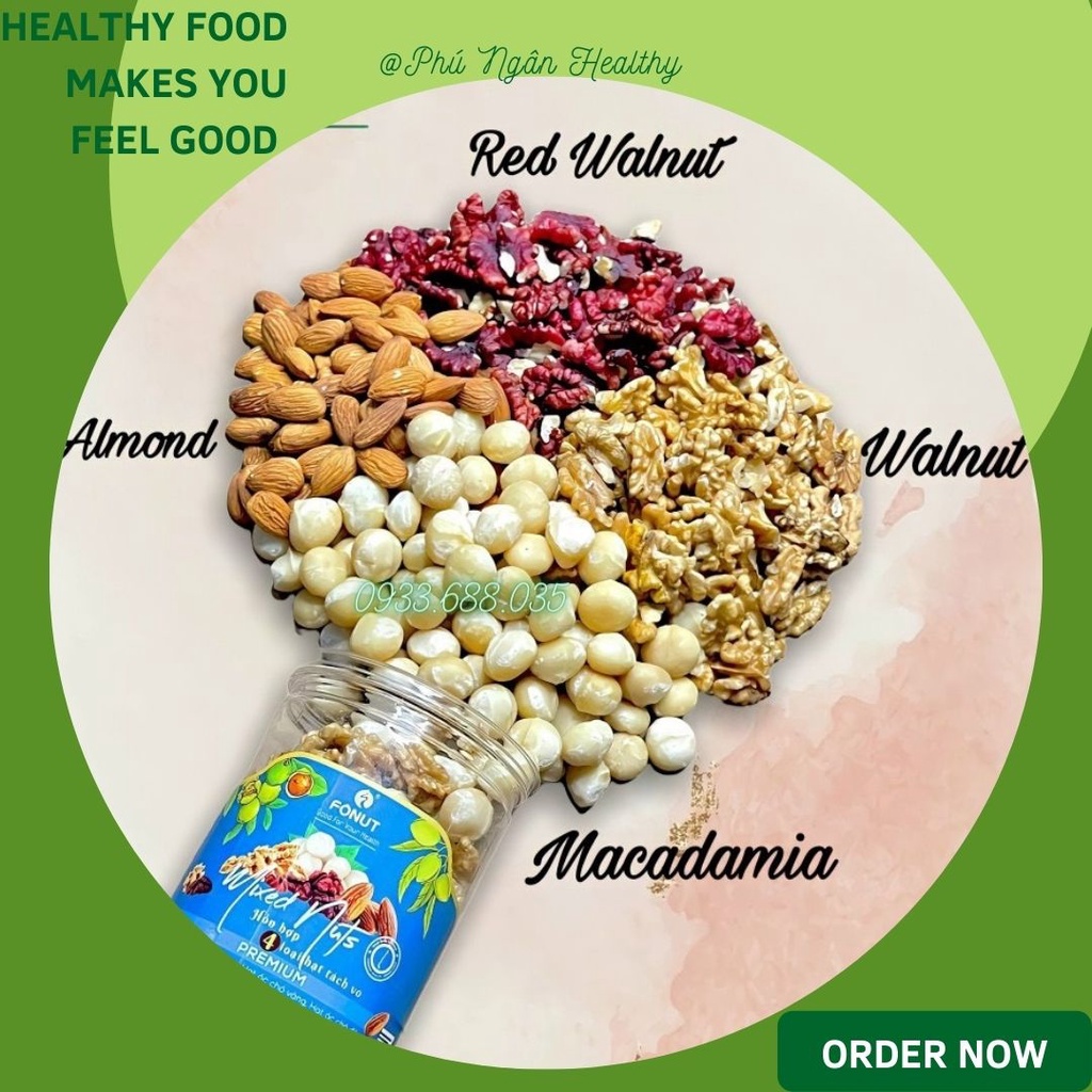 Mix nuts 4 loại hạt dinh dưỡng tách vỏ (óc chó vàng, óc chó đỏ, macca, hạnh nhân) hũ 500gr