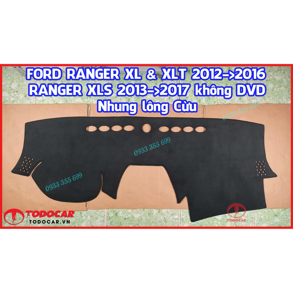 Thảm Taplo FORD RANGER (XL, XLT, XLS, WILDTRAK, RAPTOR) bằng Nhung lông Cừu hoặc Da vân Carbon, Da vân Gỗ