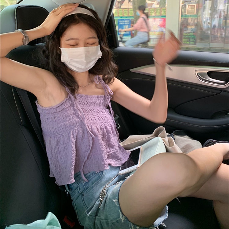 Áo hai dây Nữ Ngắn Mỏng Mùa Hè Gợi Cảm Kết Cấu Ẩn