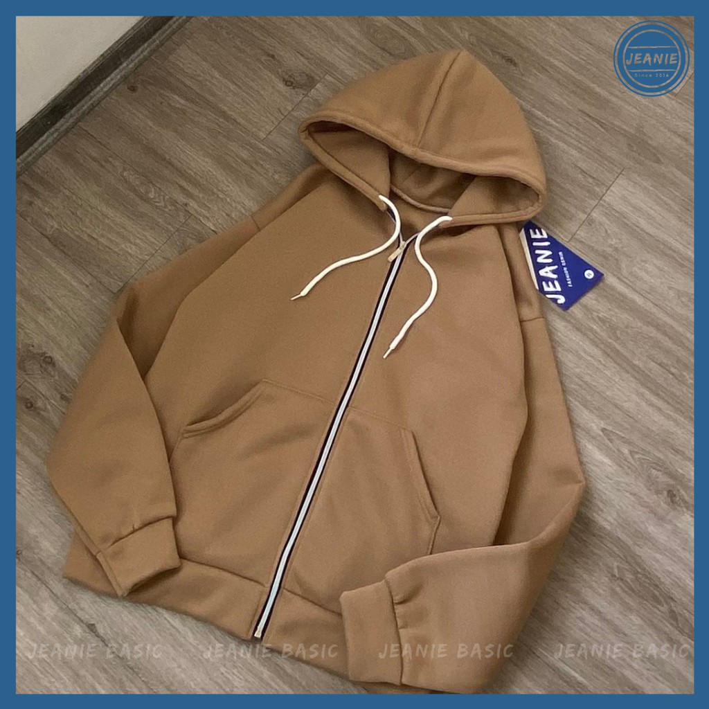 Áo khoác hoodie zip JEANIE basic form rộng ulzzang, áo nỉ trơn có khoá, mũ rộng 2 lớp nhiều màu