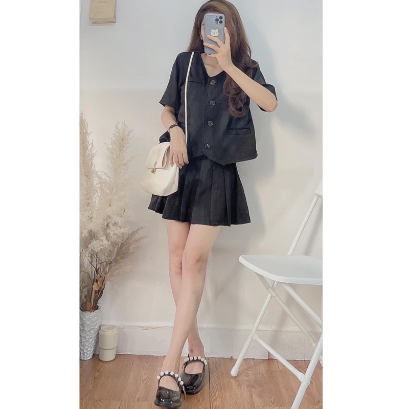 [ẢNH THẬT+VIDEO] Set Áo Vest Croptop  Và Chân Váy Xếp Ly Miniskirt Dành Cho Chị Em Công Sở Lười Nghĩ Hôm Nay Mặc Gì