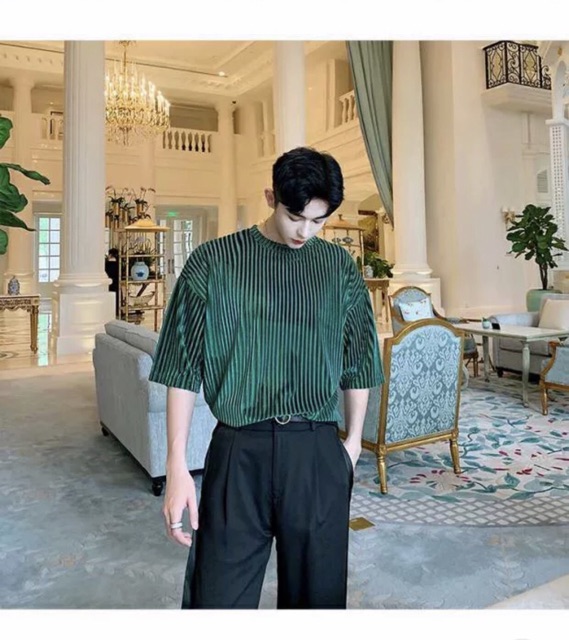 Áo thun nhung sọc gân form rộng tay lỡ
