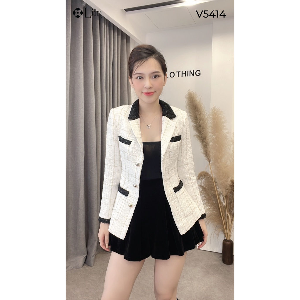 Áo vest dạ tweed màu trắng viền đen phong các sang trọng, thời thượng Liin Clothing V5414 | BigBuy360 - bigbuy360.vn