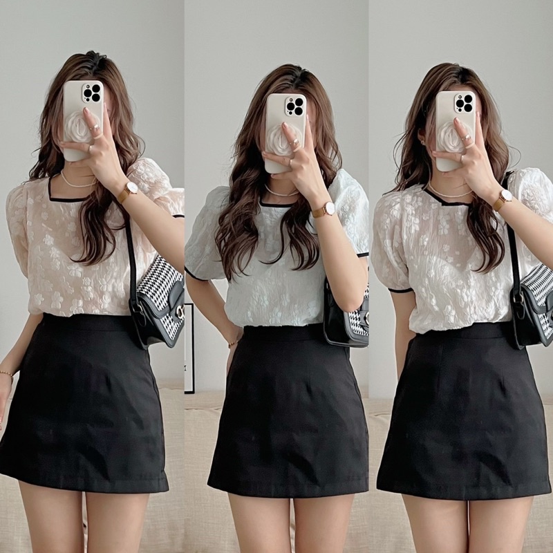 [HÀNG SẴN]ÁO REN HOA CỔ TRÒN VIỀN ĐEN “ALI TOP” siêu xinh