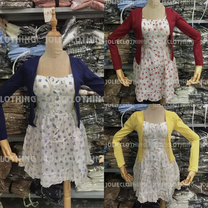 Set váy đầm hoa nhí hai dây dáng xòe kèm áo khoác cardigan, ba màu vàng, xanh, đỏ