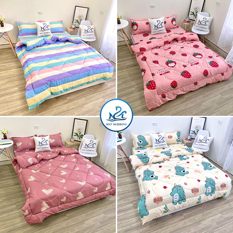 Bộ chăn ga gối Cotton poly M2T Bedding, chăn phao siêu nhẹ dày ấm họa tiết drap mền đáng yêu