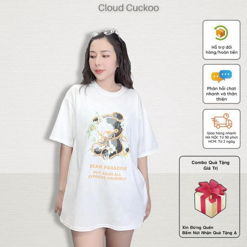 Áo Thun Nữ Dáng Rộng Hình Gấu Hoa Đáng Yêu Chất Cotton Bền Đẹp Thông Thoáng