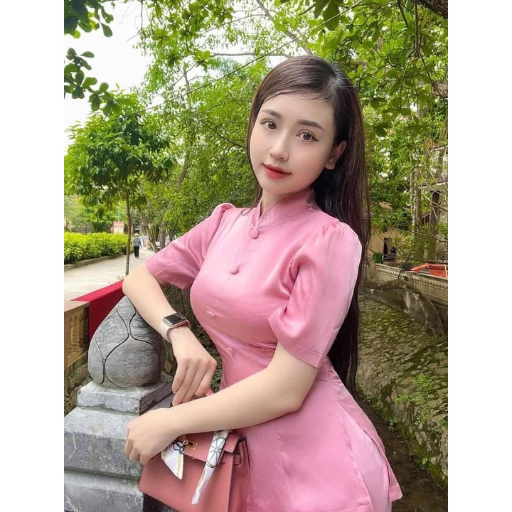 Đồ Lam Đi Chùa Mẫu Nút Bọc Có Dây Cột Eo MÀU HỒNG