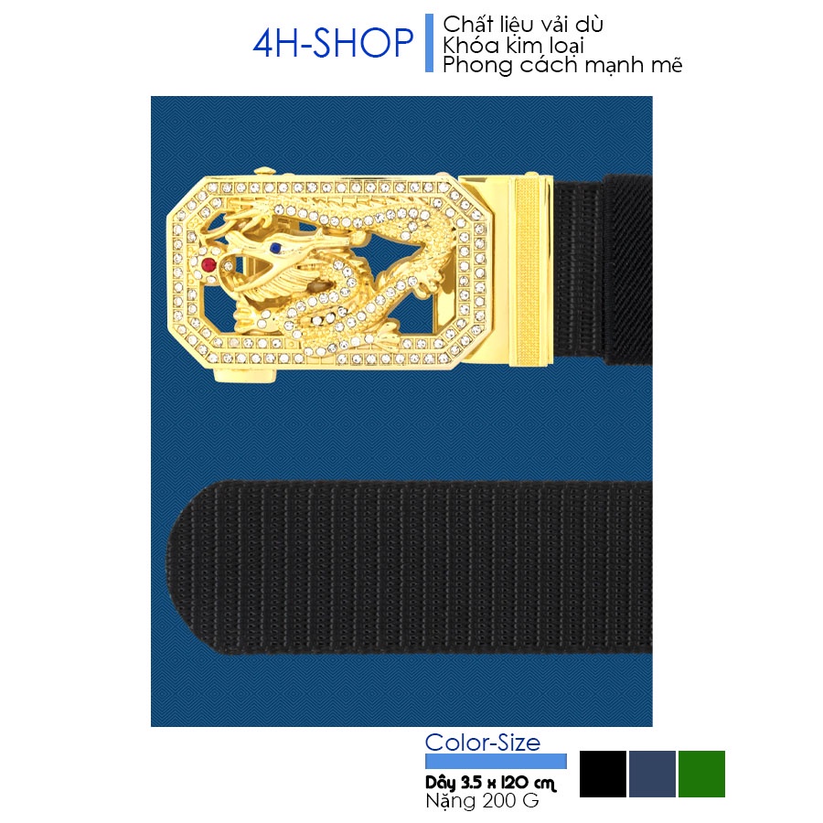 Thắt lưng nam vải dù , khóa kim loại mạ vàng hình rồng thần nhả châu chỉnh dây tự động 4 x 8 cm dây 3.5 x 120 cm.