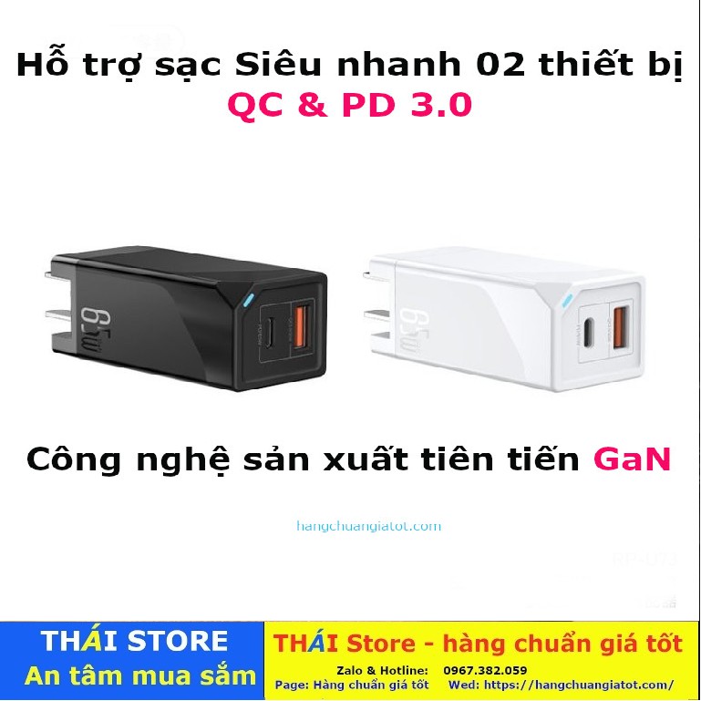 Củ sạc SIÊU nhanh Quick Charge 3.0 Chính hãng Remax, RP-U73, công suất 65W - 01 cổng ra USB, 01 Cổng type C (mã SA22)