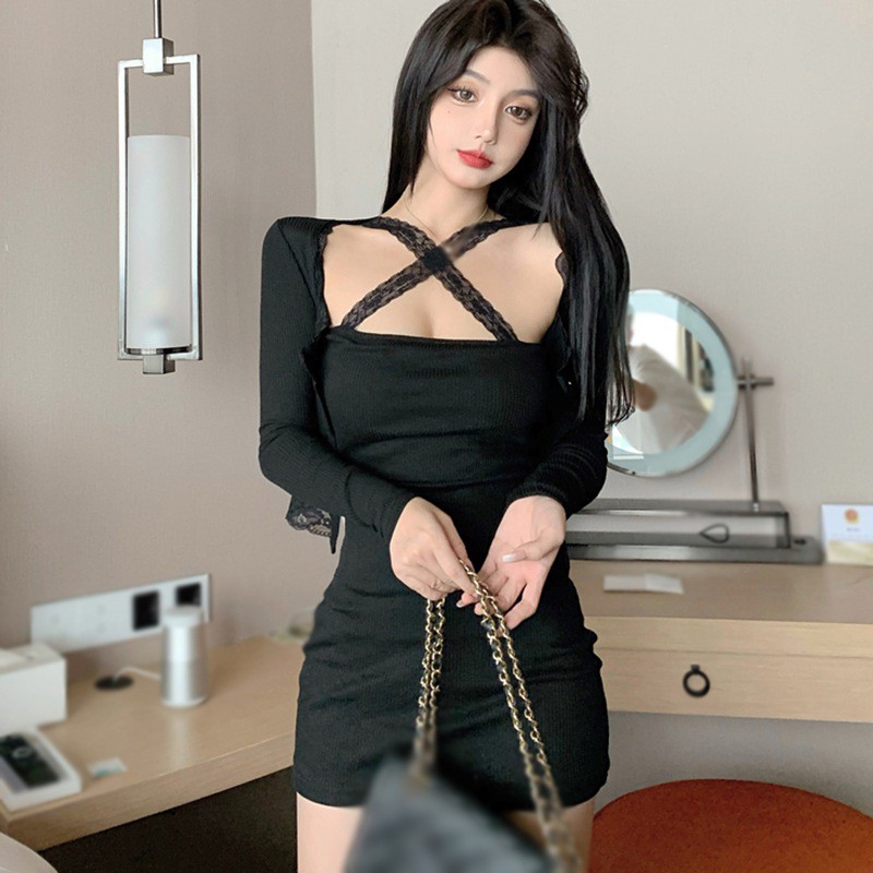 Set Đầm 2 Dây Phối Áo Khoác Tay Dài Thời Trang Quyến Rũ Cho Nữ