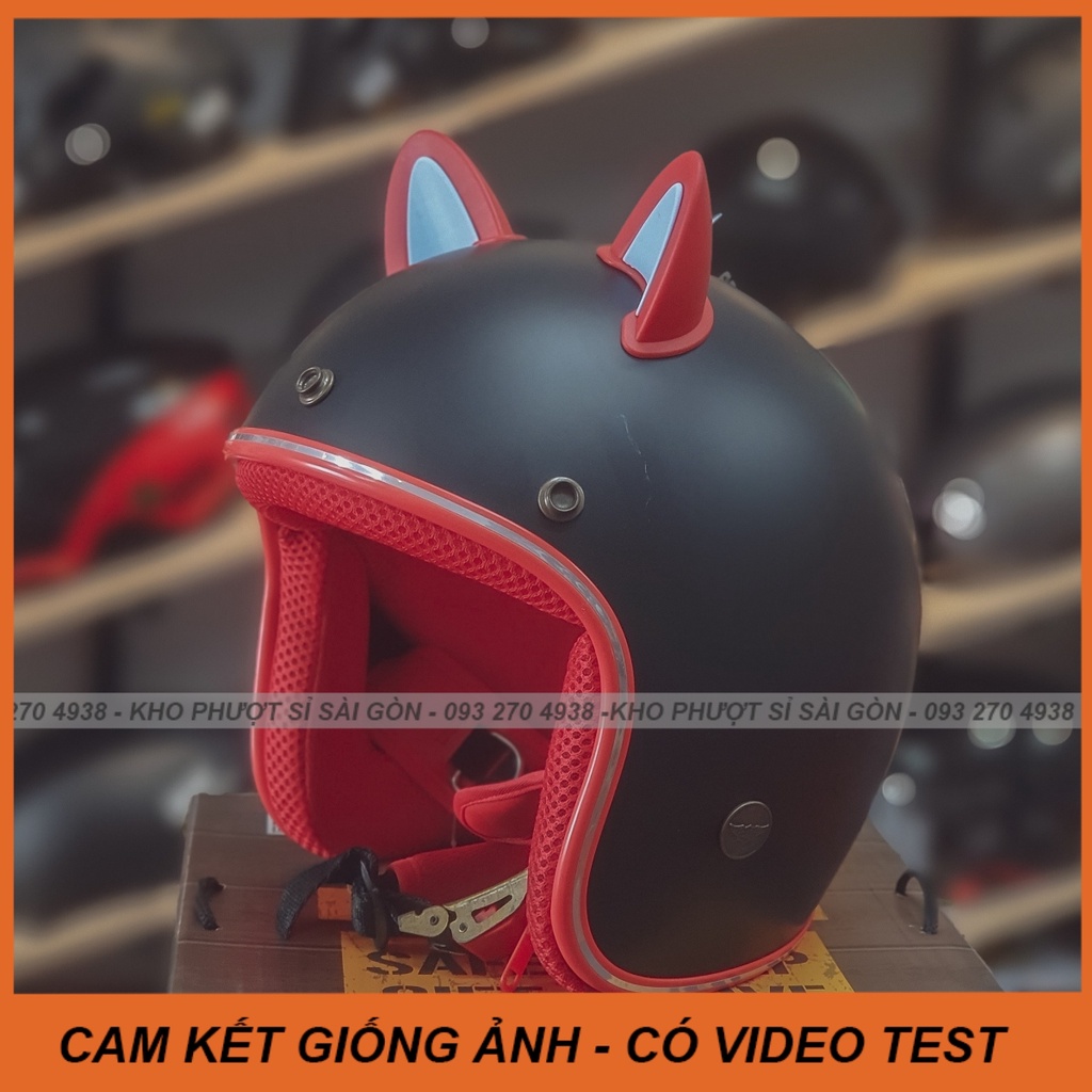 Mũ nón bảo hiểm 3/4 đen nhám lót đen kèm tai mèo nhựa có viền phiên bản mới siêu kute