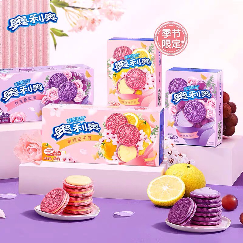 Oreo hồng vị hoa anh đào bưởi, oreo tím hoa hồng nho, oreo ô long đào, nho đào, berries