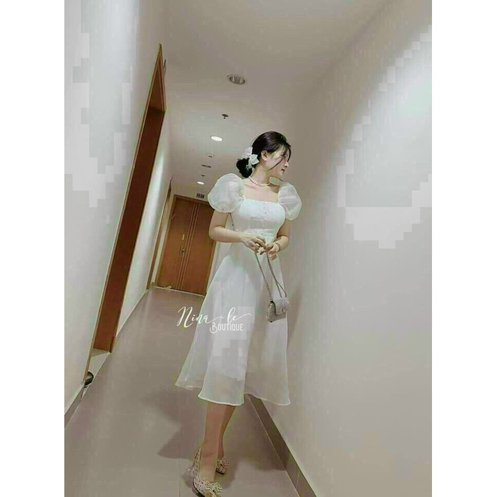 Đầm tiểu thư voan tơ cổ vuông tay phồng dáng xoè dài, váy đầm nữ đính nút công chúa dư tiệc sang trọng