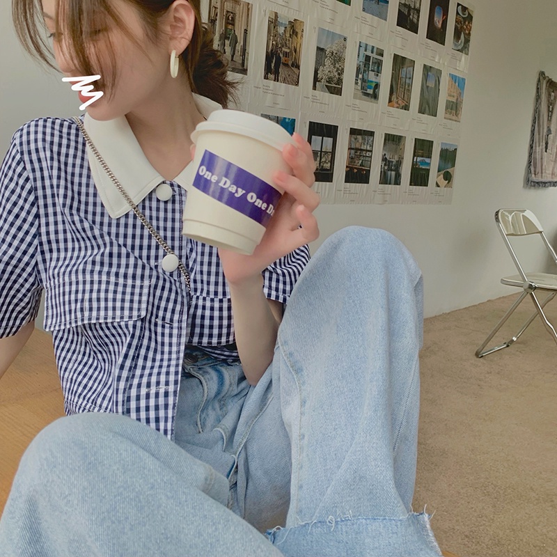 Áo Sơ Mi Tay Ngắn Họa Tiết Sọc Caro Xinh Xắn Thời Trang Mùa Hè Cho Nữ