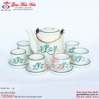 Bộ ấm tích 1,5 lít men kem vẽ hoa sen xanh