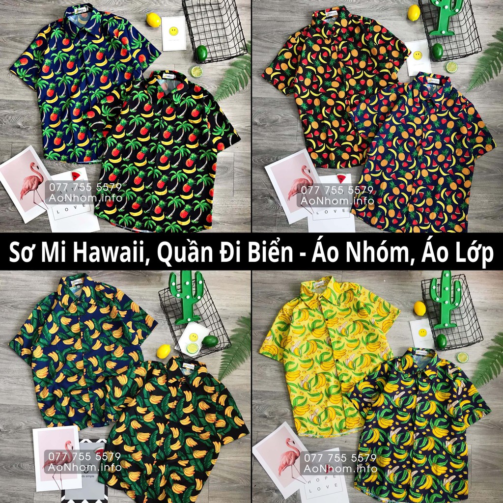 Áo Sơ Mi Trái Cây, Sơ Mi Hawaii Đi Biển - Chuối, Thơm, Dứa, Cây Dừa, Dưa Hấu, Dâu